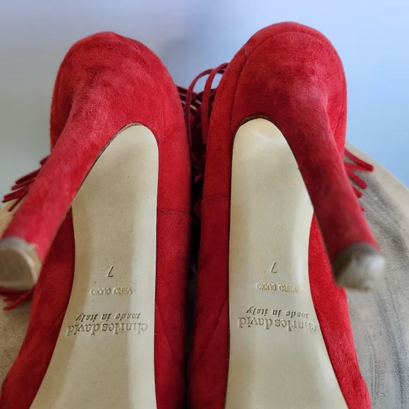 Charles David Lula Fringe Trim Suede Bootie Red Ankle Boot High Heels Size 7 - Picture 8 of 16